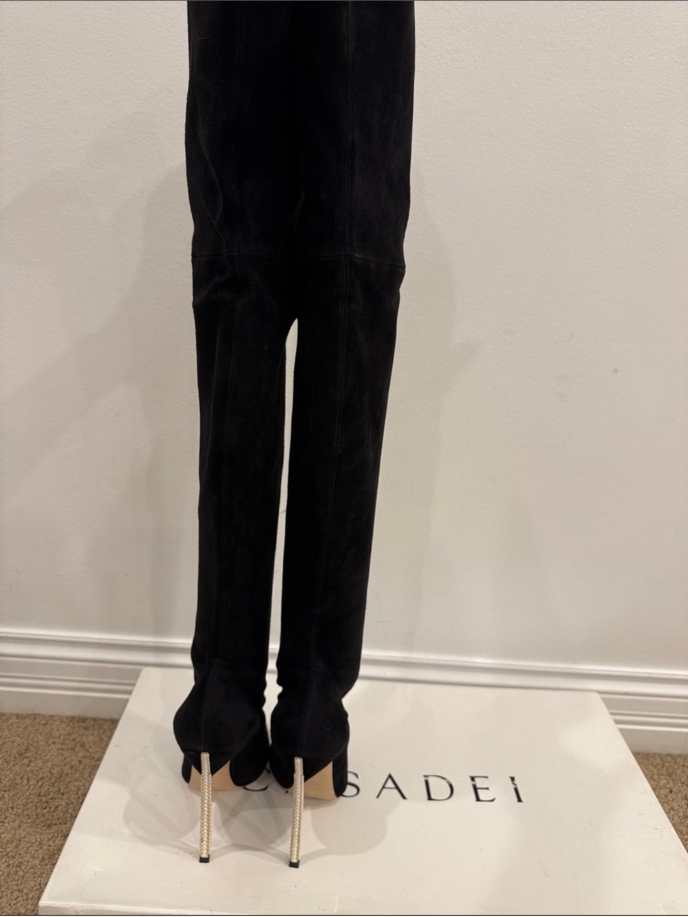 Casadei Black Suede Over The Knee Pearl Heel Boots 37 / US 7 Statement Luxury - Picture 2 of 10
